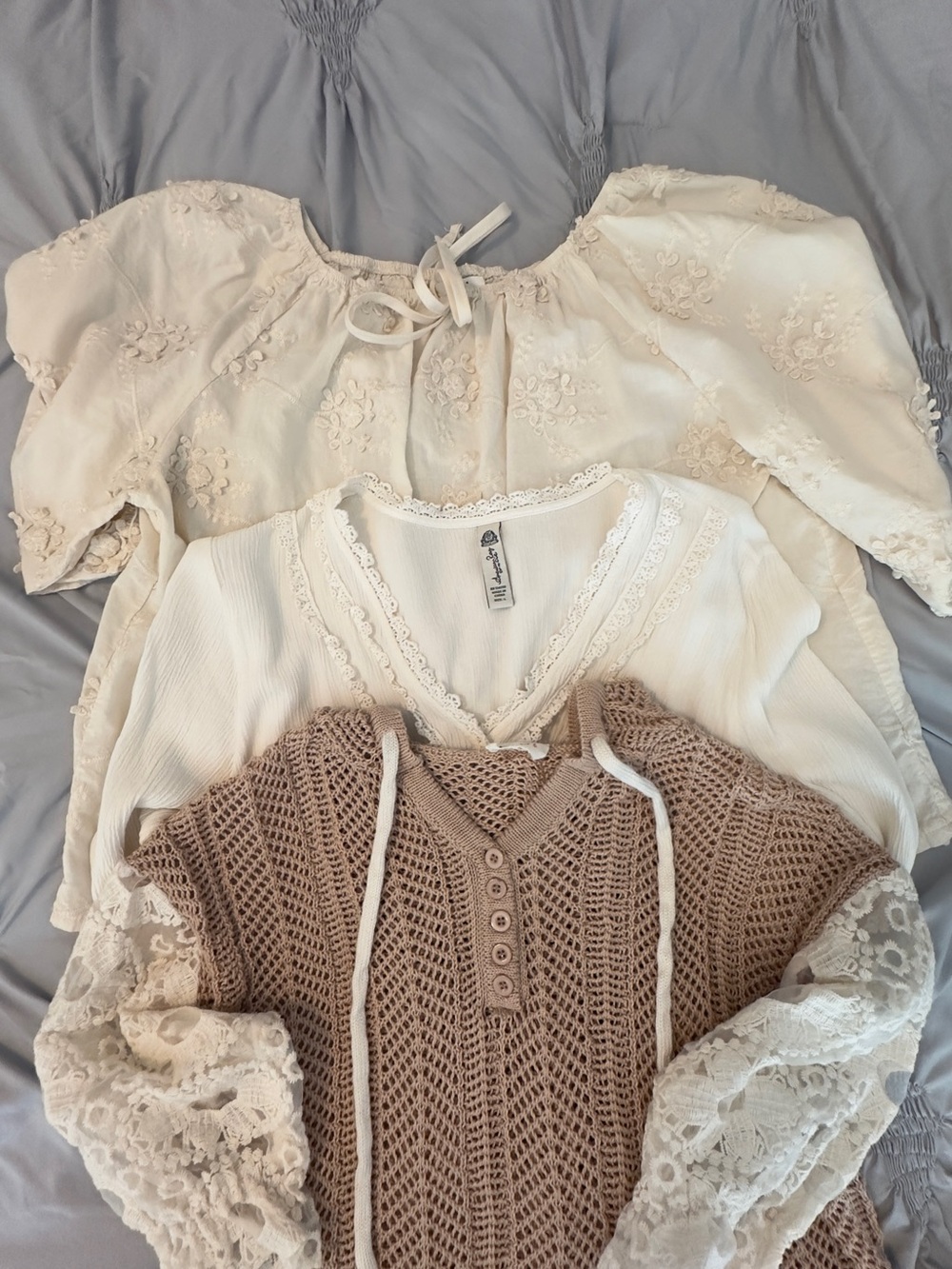 Women's BOHO Blouse BUNDLE- Layered , laced sleeve, hooded Top Set - Cream 3pc